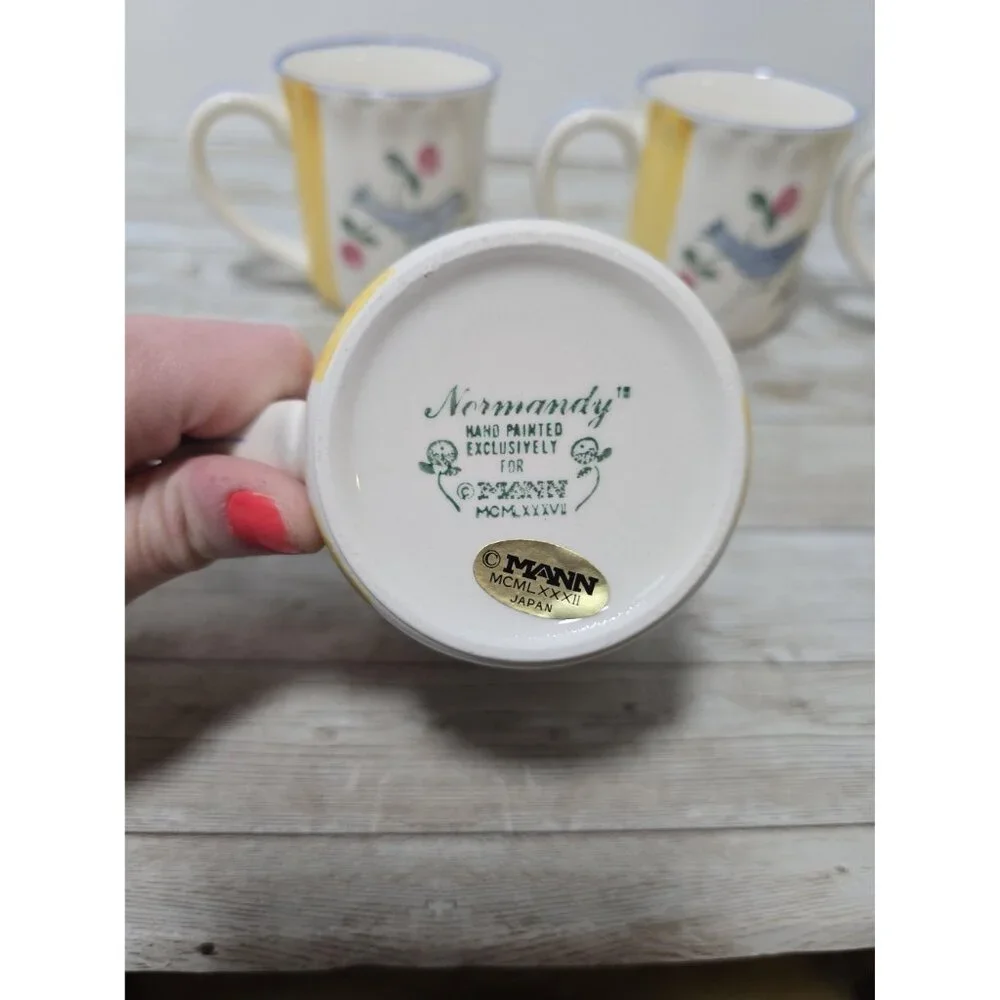 Lot of 4 Normandy MANN Mugs‎ Birds Floral Stoneware Rose Buds New with box